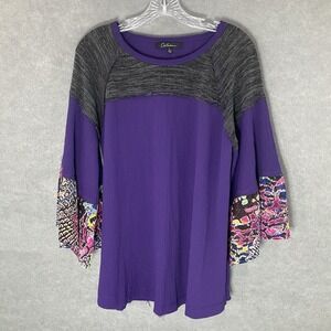 Calessa Women  Blouse Sz L Flutter Sleeve Purple Gray Multicolor Boho Artsy